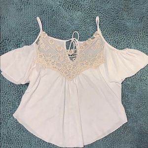 off the shoulder, white, lacy shirt